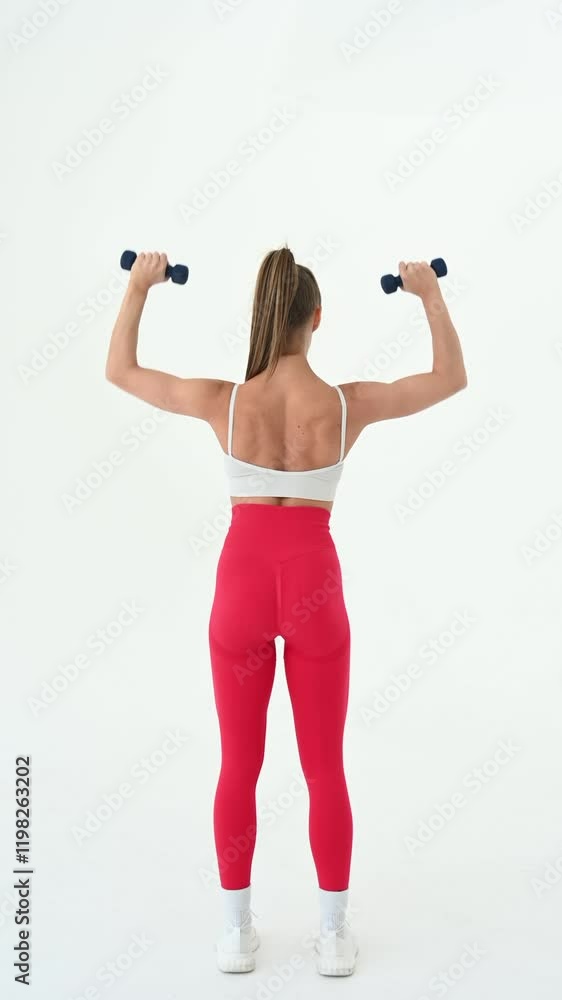 Young woman doing exercise with dumbbells on white background. Young woman doing exercise with dumbbells on white background.