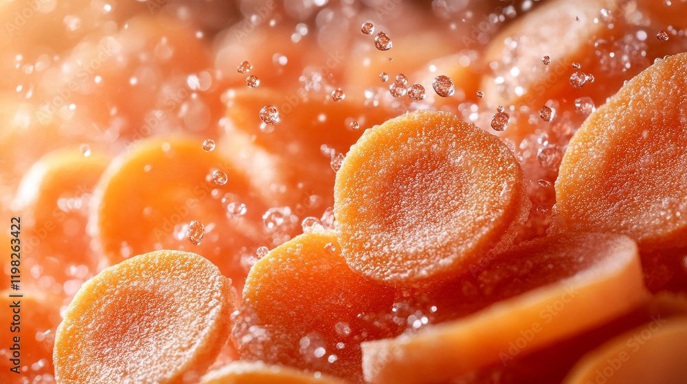 Frozen carrot slices splashing in water Frozen carrot slices splashing in water