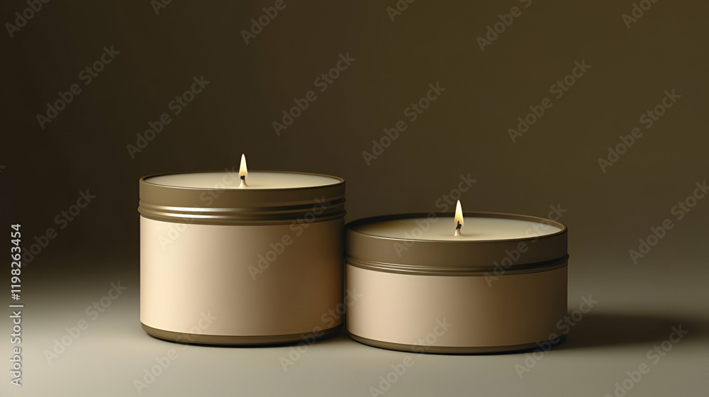 Two burning candles in beige containers on a neutral background creating a warm and tranquil atmosphere Two burning candles in beige containers on a neutral background creating a warm and tranquil atmosphere