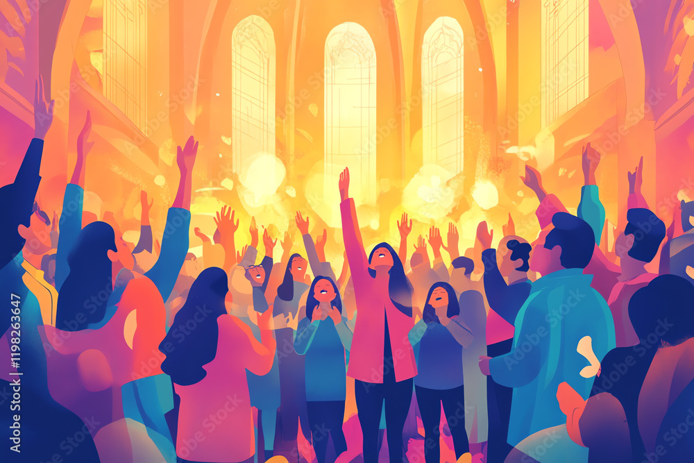 Vibrant Worship Gathering with Raised Hands in a Grand Church Interior - AI Created Vibrant Worship Gathering with Raised Hands in a Grand Church Interior - AI Created