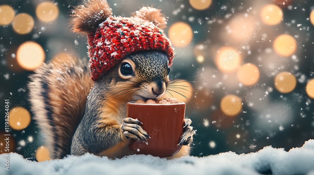 Squirrel enjoying hot cocoa amidst snowy winter wonderland outdoor close-up Squirrel enjoying hot cocoa amidst snowy winter wonderland outdoor close-up