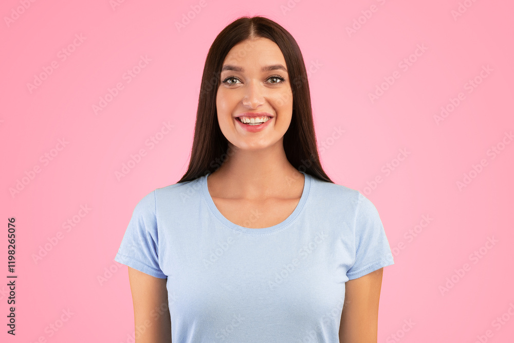 Fototapeta premium Closeup portrait of lovely lady smiling and looking at camera over yellow studio background. Happy caucasian woman with candid smile posing, female model showing positive emotions.