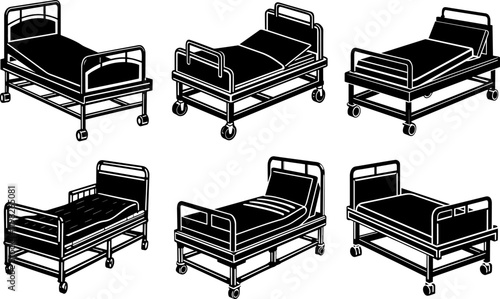 A Set of Black Silhouette of a hospital bed -Vector Illustration