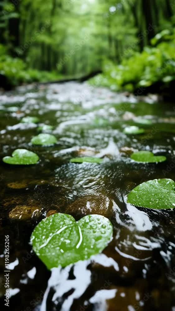 Lush Green Lily Pads Floating on Tranquil Stream Water, Captured in Serene Nature Environment for Peaceful Relaxation Atmosphere