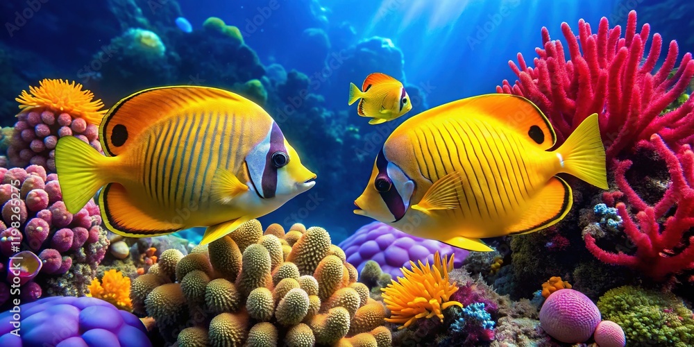 Fototapeta premium Masked Butterflyfish Pair Swimming in Vibrant Coral Reef