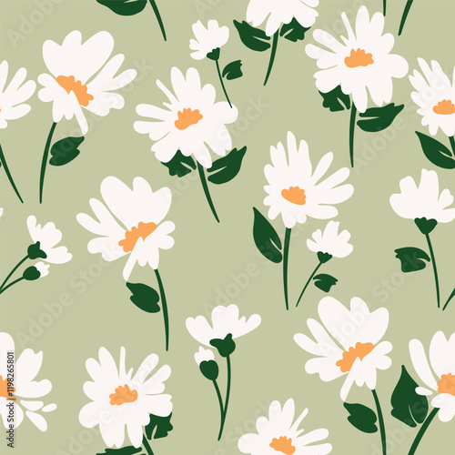 Elegant abstract floral pattern featuring chamomiles and leaves. Ideal for surface design, fabric, paper and etc.
