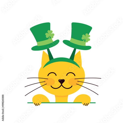 st patrick's costume, cute ginger cat with leprechaun top hat headband on, Saint Patrick's day vector illustration for kids