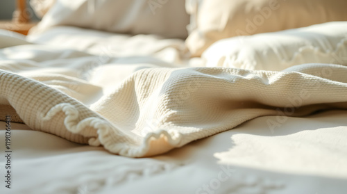 Cream Knitted Blanket on a Bed: Cozy Home Decor, Soft and Warm Bedding for Relaxation and Comfort