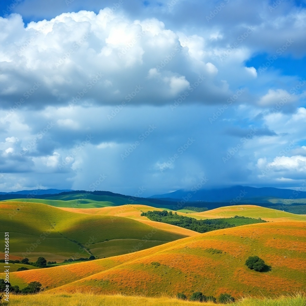 Obraz premium Dramatic, rain-filled clouds over lively hills. 