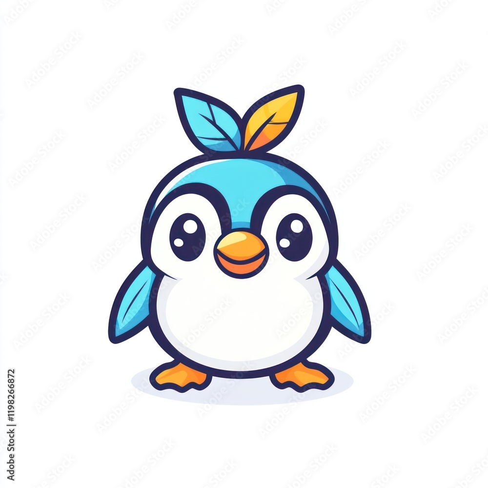 Cute penguin cartoon, leaves on head, white background, children's illustration Cute penguin cartoon, leaves on head, white background, children's illustration