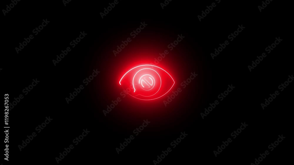 Eye neon sign appear in center and disappear after some time. Animated blue neon symbol on black background. Looped animation. Eye neon sign appear in center and disappear after some time. Animated blue neon symbol on black background. Looped animation.
