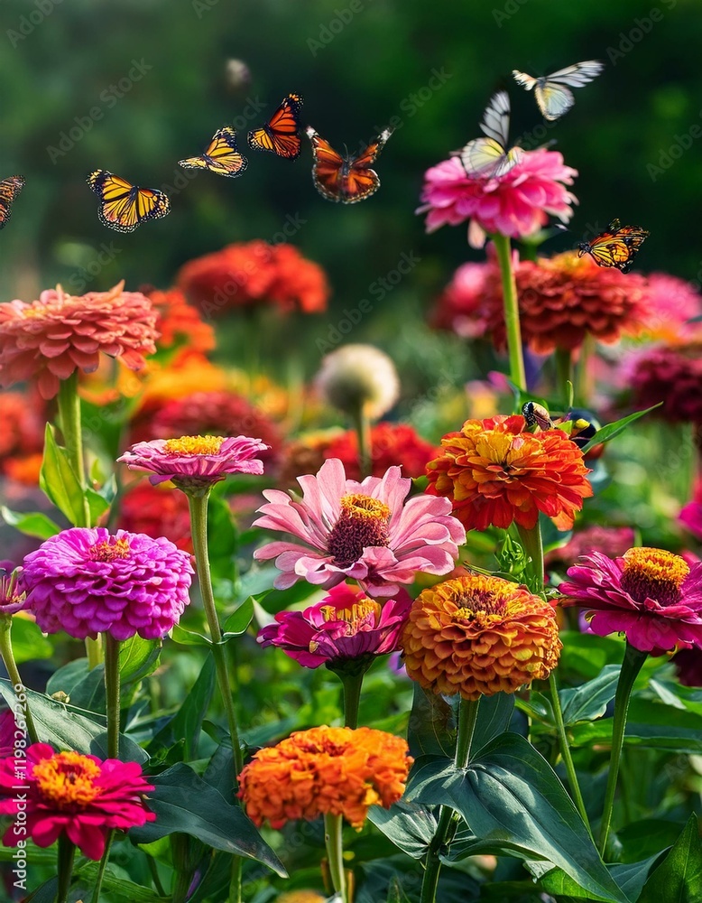 Vibrant zinnias bloom in a garden, attracting colorful butterflies. Vibrant zinnias bloom in a garden, attracting colorful butterflies.