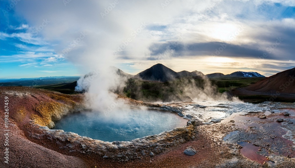 Steaming geothermal pool in a volcanic landscape. Steaming geothermal pool in a volcanic landscape.