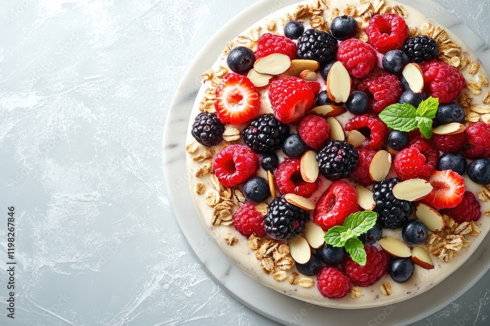 Delicious creamy dessert topped with fresh berries, almonds, and crunchy oats. Delicious creamy dessert topped with fresh berries, almonds, and crunchy oats.