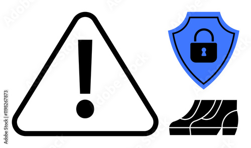 Caution triangle with exclamation mark, blue security shield with lock and black footsteps icon. Ideal for warning, security, protection, caution, safety, prevention awareness. Simple abstract line
