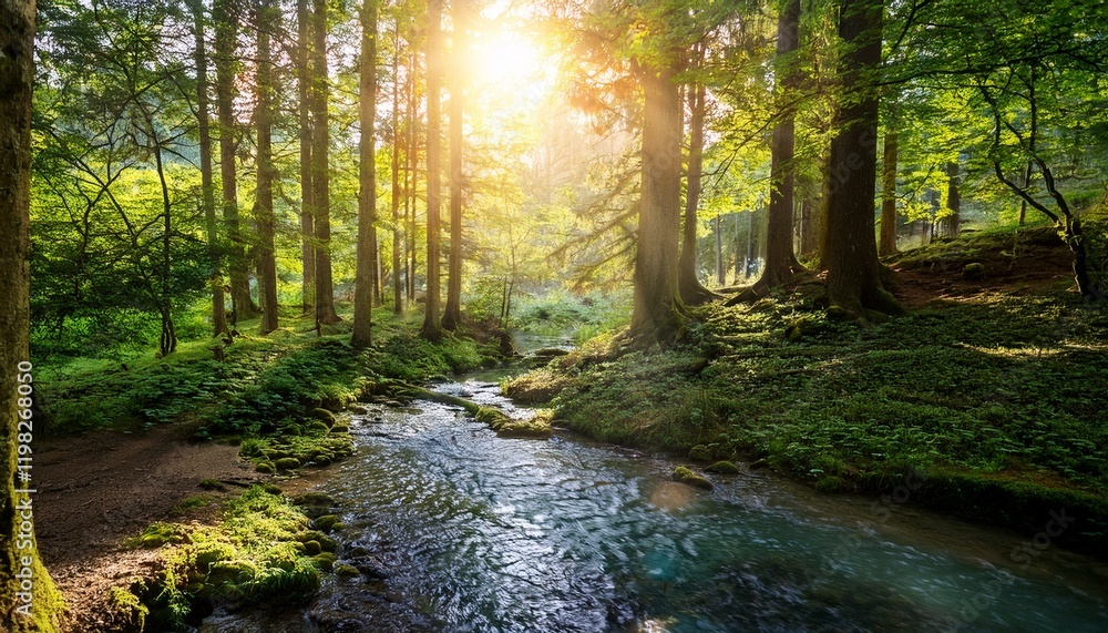 Obraz premium Sunlit stream flows through a lush green forest.