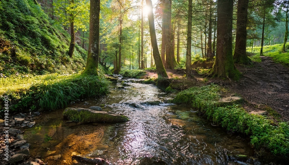 Sunlit stream flows through a lush green forest. Sunlit stream flows through a lush green forest.