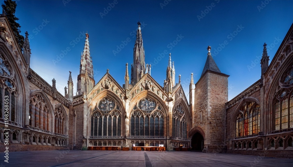 Ancient cathedral cloister bathed in morning light. Majestic architecture. Ancient cathedral cloister bathed in morning light. Majestic architecture.