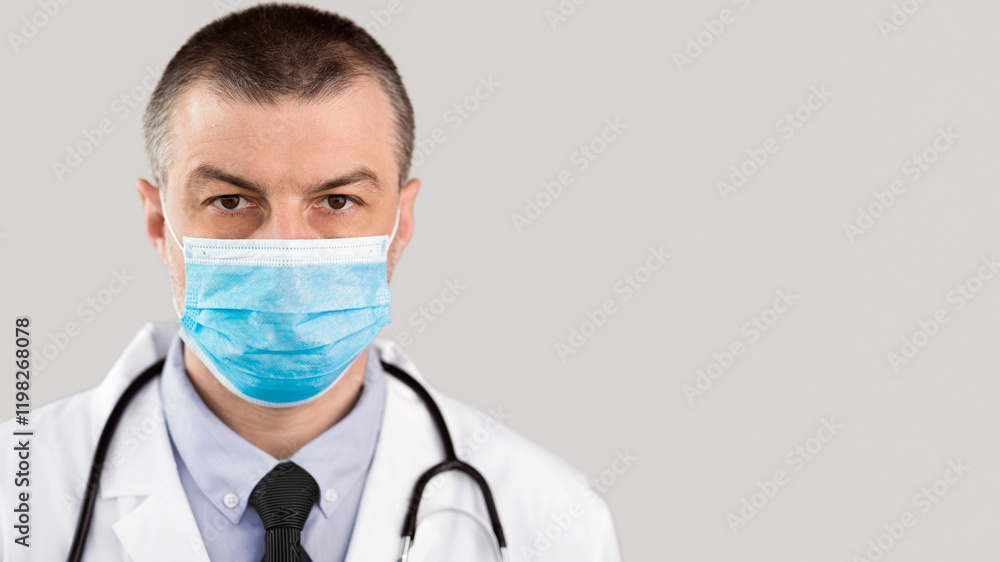 Profession and Medicine Concept. Close up of male doctor or scientist in protective facial mask over white background Profession and Medicine Concept. Close up of male doctor or scientist in protective facial mask over white background