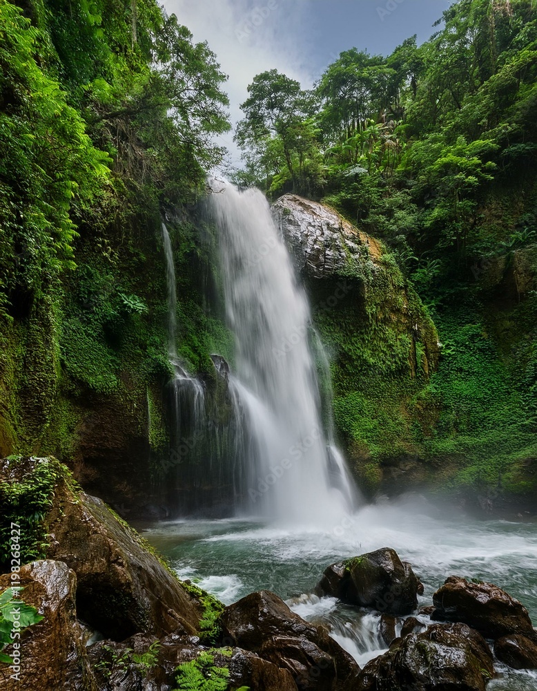 Fototapeta premium Serene waterfall cascading through lush greenery.