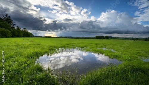 A tranquil landscape of vibrant green grass reflecting a dramatic sky.