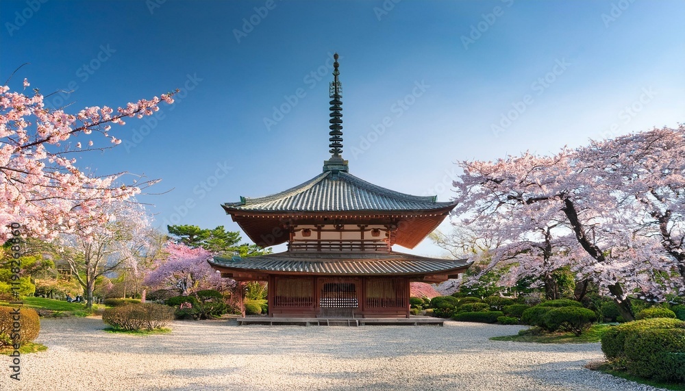 Tranquil Japanese pagoda in full cherry blossom bloom. Tranquil Japanese pagoda in full cherry blossom bloom.