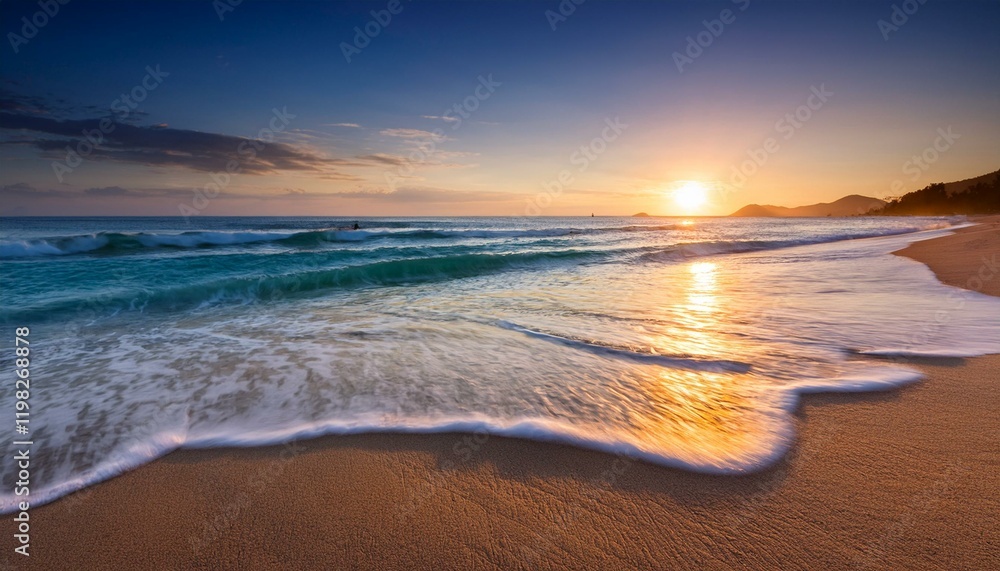 Fototapeta premium Golden sunset over tranquil ocean waves.