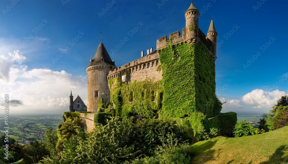 Ancient stone castle covered in lush greenery under a vibrant blue sky. Ancient stone castle covered in lush greenery under a vibrant blue sky.