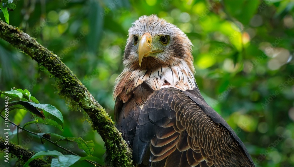 Majestic eagle perched on a mossy branch in a lush green forest. Majestic eagle perched on a mossy branch in a lush green forest.