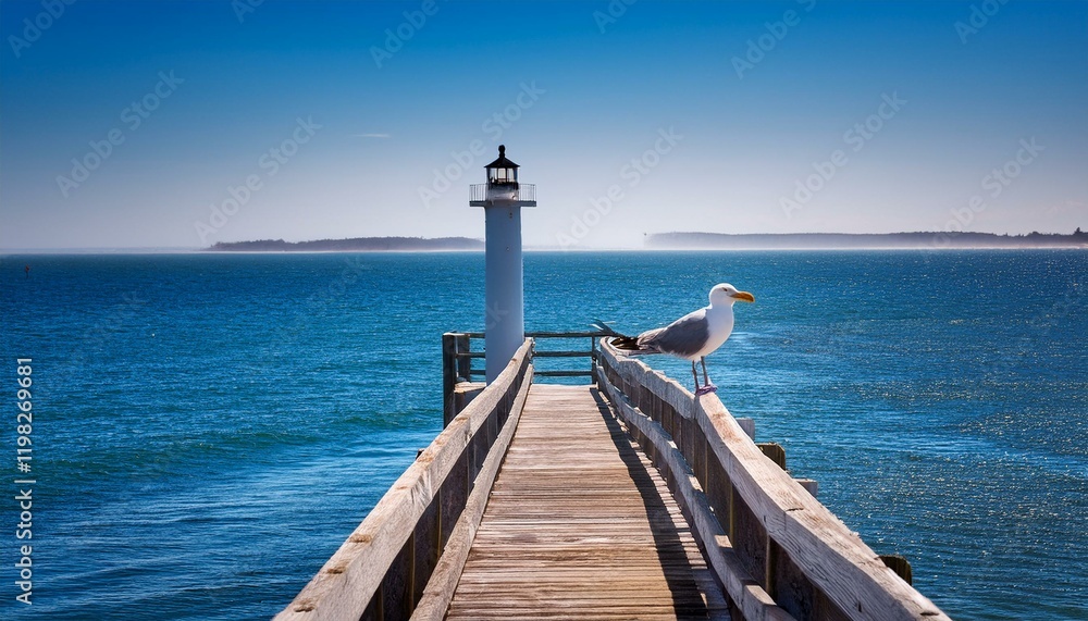 Serene seascape: A seagull perches on a wooden pier, overlooking a lighthouse and calm ocean. Serene seascape: A seagull perches on a wooden pier, overlooking a lighthouse and calm ocean.