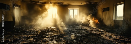 Sunlit room after a fire  showing debris  smoke  and damage.