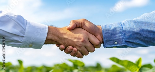 Farmers handshake, agriculture deal, field background, rural partnership (1) photo