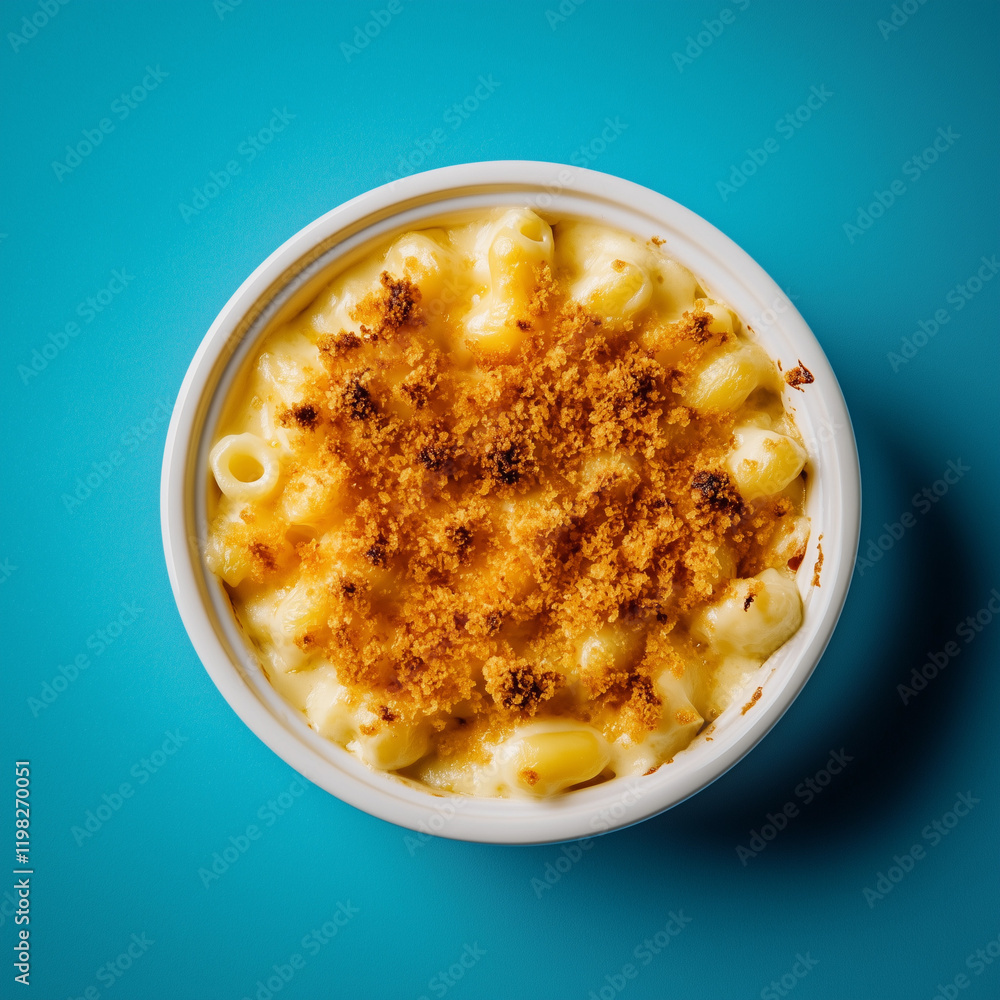 Delicious mac and cheese with crispy topping on blue background Delicious mac and cheese with crispy topping on blue background