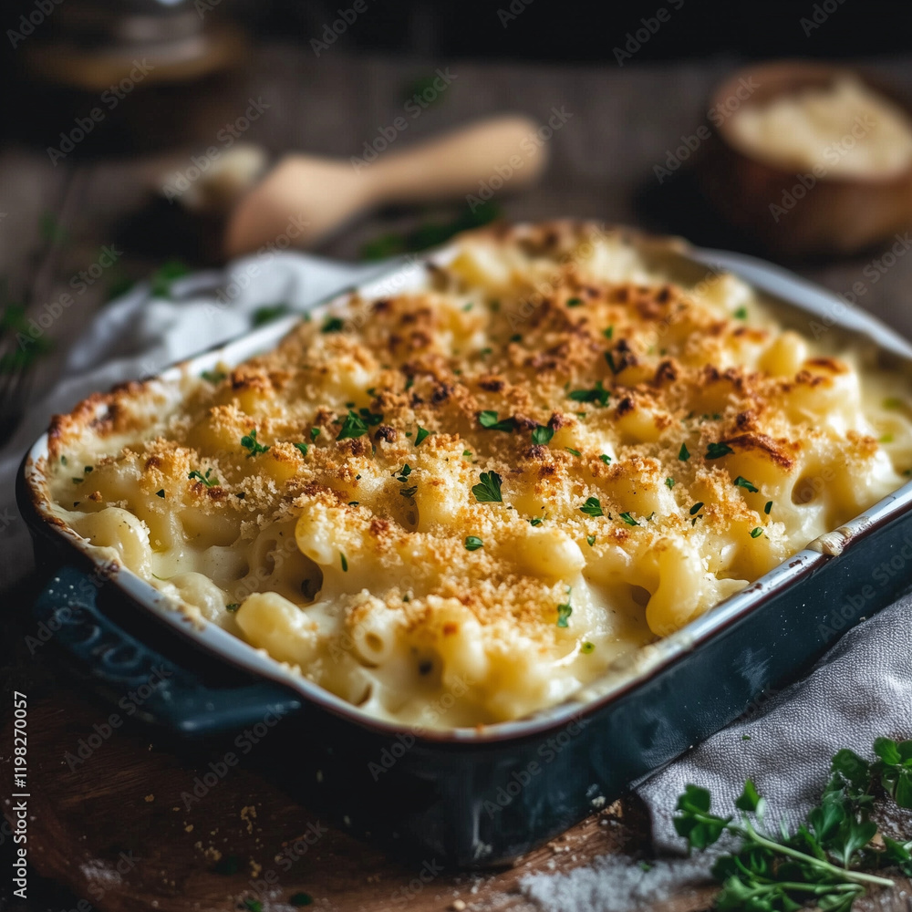 Baked macaroni and cheese in blue casserole dish Baked macaroni and cheese in blue casserole dish