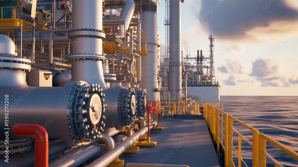 Industrial View of Offshore Oil and Gas Platform Pipelines and Machinery Under Golden Sunset with Calm Ocean in Background Industrial View of Offshore Oil and Gas Platform Pipelines and Machinery Under Golden Sunset with Calm Ocean in Background