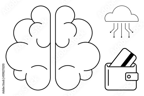 Brain illustration, cloud with circuits, wallet with card. Ideal for tech innovation, AI, cloud storage, neuroscience, digital payments future finance tech advancements. Line metaphor