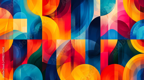 Colorful abstract painting with many different shapes and colors. The painting is full of energy and movement, with the colors blending together in a dynamic way