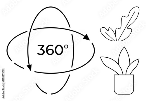 Arrows encircling 360 indicate full rotation, while potted plant and leaf outlines represent growth and nature. Ideal for transformation, environment, completeness, sustainability, perspective