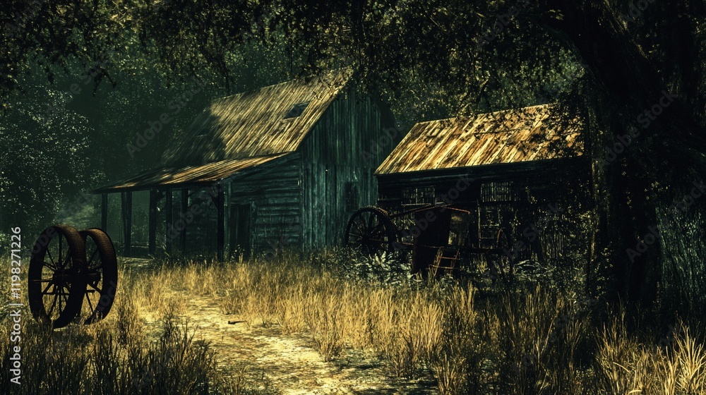 Obraz premium Abandoned wooden houses in a misty forest.