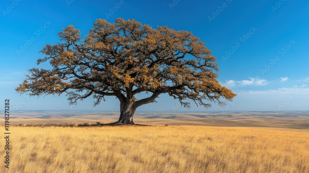 Solitary Oak in Golden Prairie Under a Vast Blue Sky Solitary Oak in Golden Prairie Under a Vast Blue Sky