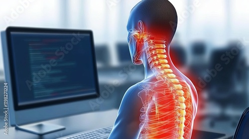 Person with poor posture at desk working on computer, blurred office background, hunched back and tense neck symbolizing negative impact of bad posture on productivity and health