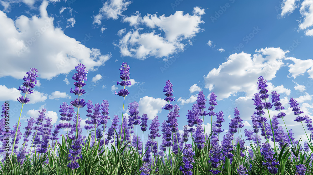Obraz premium Beautiful field of lavender flowers is spread out across the sky, with a clear blue sky above them. The flowers are in full bloom, creating a vibrant and colorful scene. Scene is calm and tranquil
