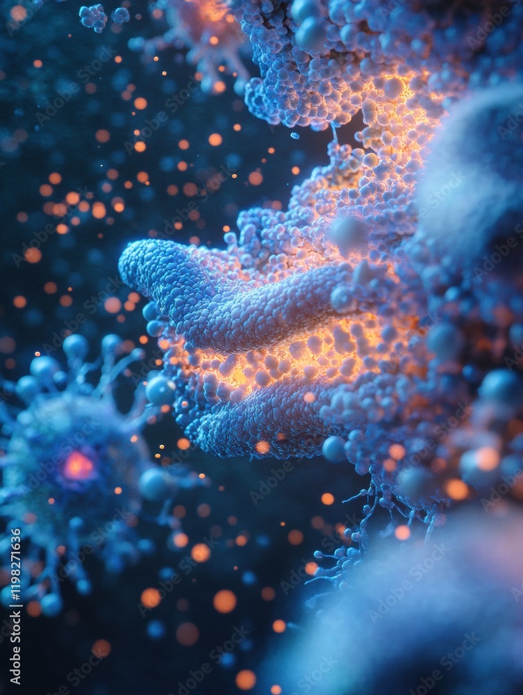 Close up view of molecular interactions showcasing the complexity of microbial life and their environmental roles. Generative AI Close up view of molecular interactions showcasing the complexity of microbial life and their environmental roles. Generative AI