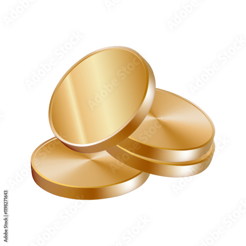 Golden coins small pile. 3d medal stack drop vector render icon. Falling cash stack currency change. Casino game chips loan. Premium loan icon emoji. Money mountain bunch isolated. Realistic finance