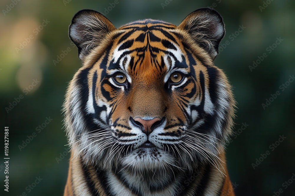 Fototapeta premium dramatic close-up of a bengal tiger with intense gaze, beautifully highlighted by natural sunlight, showcasing its striking orange and black stripes against a blurred lush greenery background