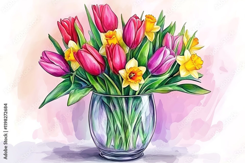 Fototapeta premium Vibrant Spring Bouquet: Tulips and Daffodils in Glass Vase, Watercolor Style