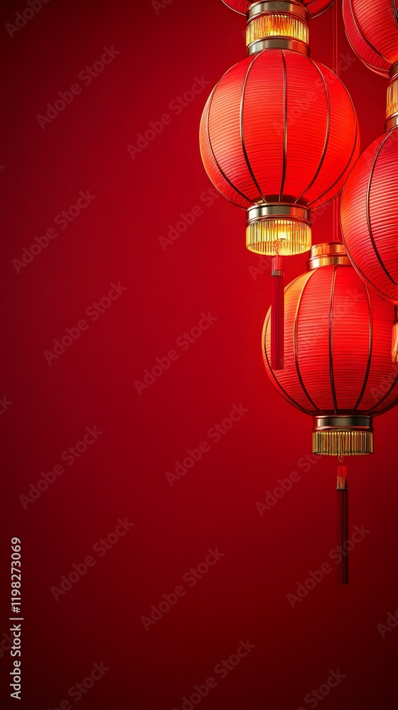 Red Chinese Lanterns Hanging Against A Red Background Red Chinese Lanterns Hanging Against A Red Background