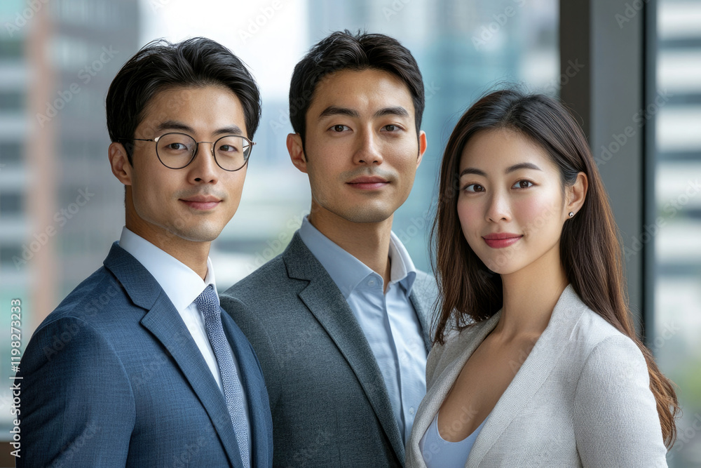 Confident and successful Asian business team portrait. Modern professionals in suits. Confident and successful Asian business team portrait. Modern professionals in suits.