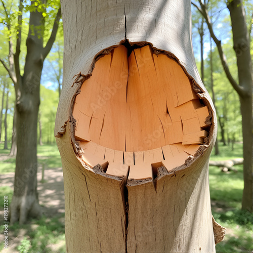 Cork oak tree trunk (Quercus suber L.), close enough to see the details and the separation between the bark and the product. In summer day, with foliage and forest trees around. Raw material. photo