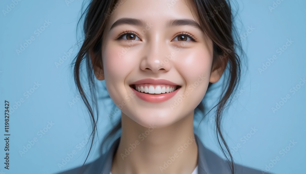 Close Up Portrait of a Young Woman in White Professional Suit with Radiant Smile and Warm Expression on Light Blue Background Close Up Portrait of a Young Woman in White Professional Suit with Radiant Smile and Warm Expression on Light Blue Background